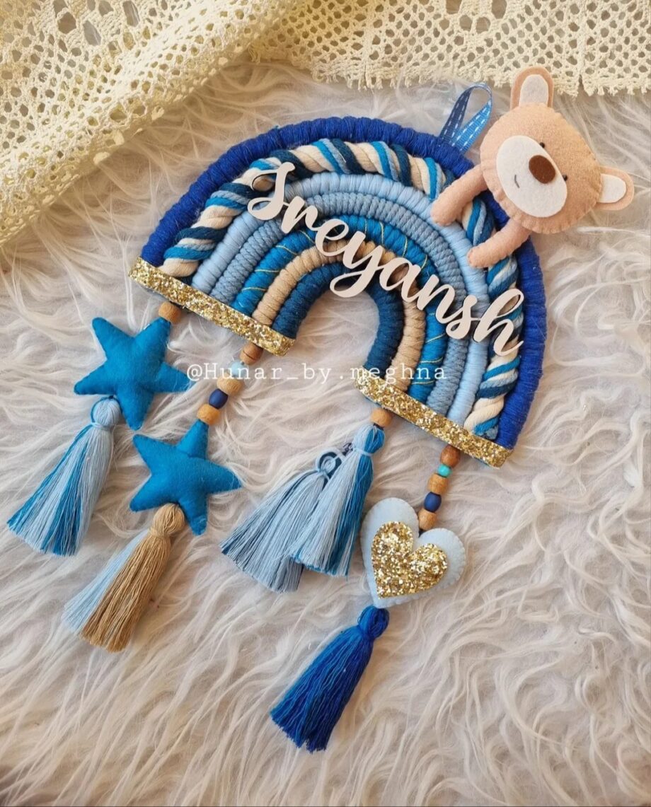 tassel felt star and heart blue color rainbow name hanging with teddy
