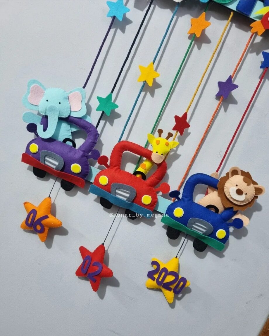 cute animals in cool cars made with hand stitching felt in bright colors