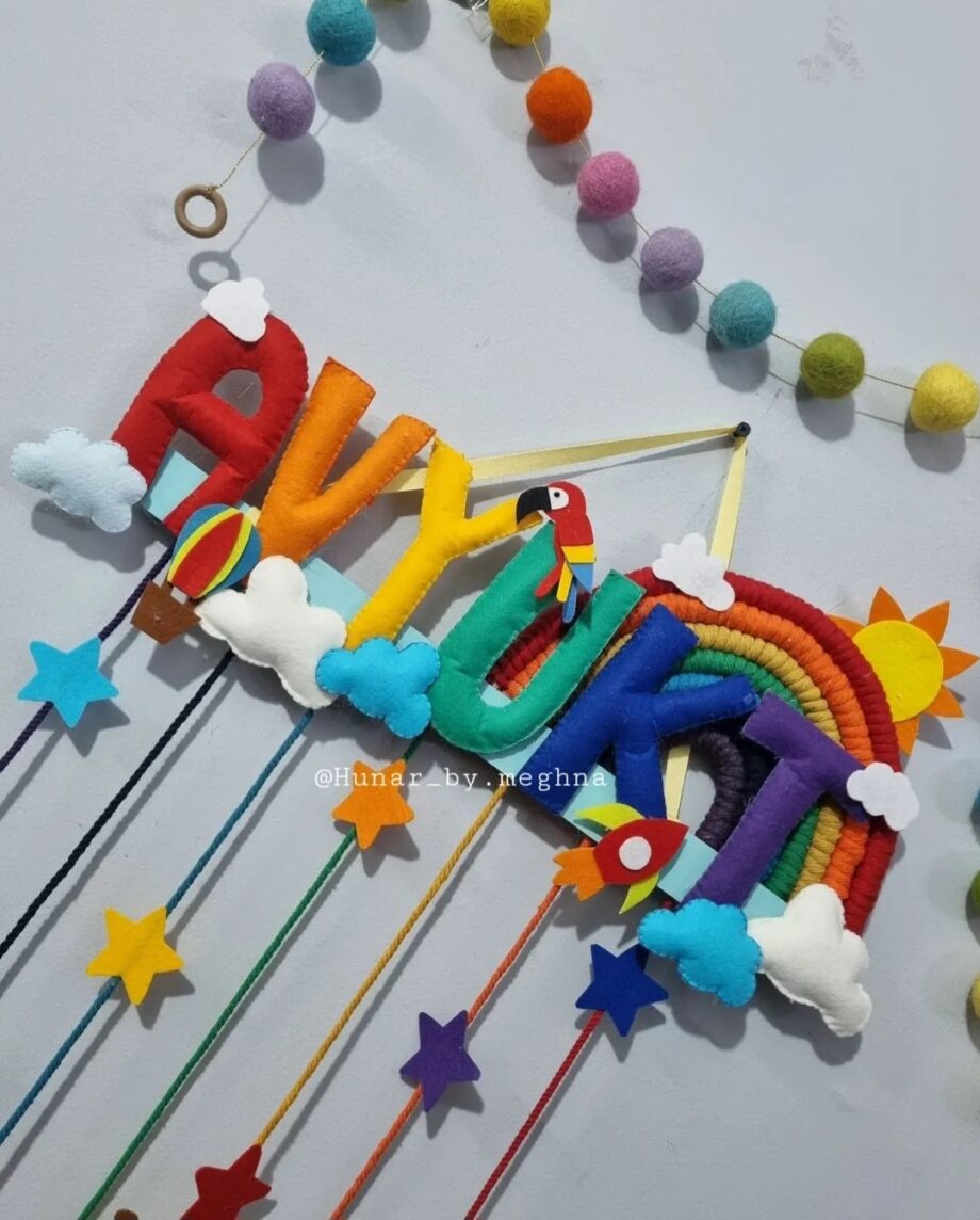 macrame rainbow and felt alphabet name hanging for kids nursery decor and personalized gifting