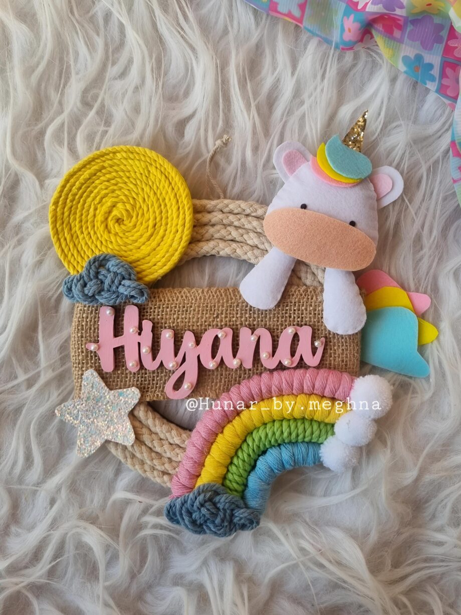 macrame rainbow unicorn felt Name hanging for kids room decor