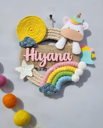 macrame rainbow and felt unicorn name plate for kids room decor door hanging handcrafted