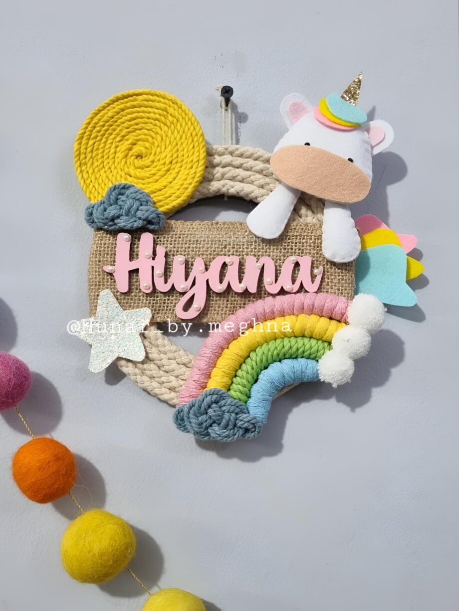 macrame rainbow and felt unicorn name plate for kids room decor door hanging handcrafted