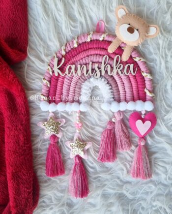 pink color rainbow teddy macrame name hanging for kids room decor