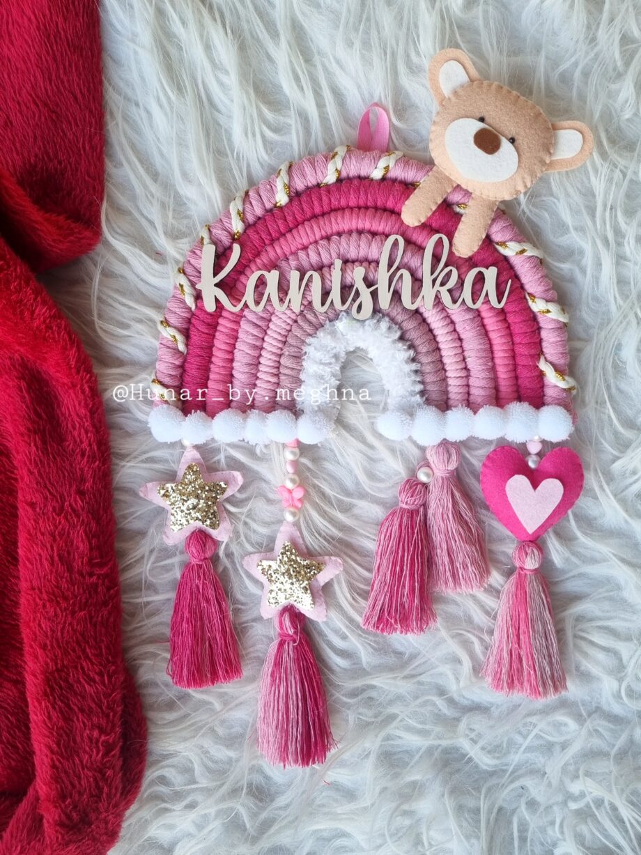 pink color rainbow teddy macrame name hanging for kids room decor