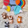 colorful balloons with cute animals name hanging and birth stats decor