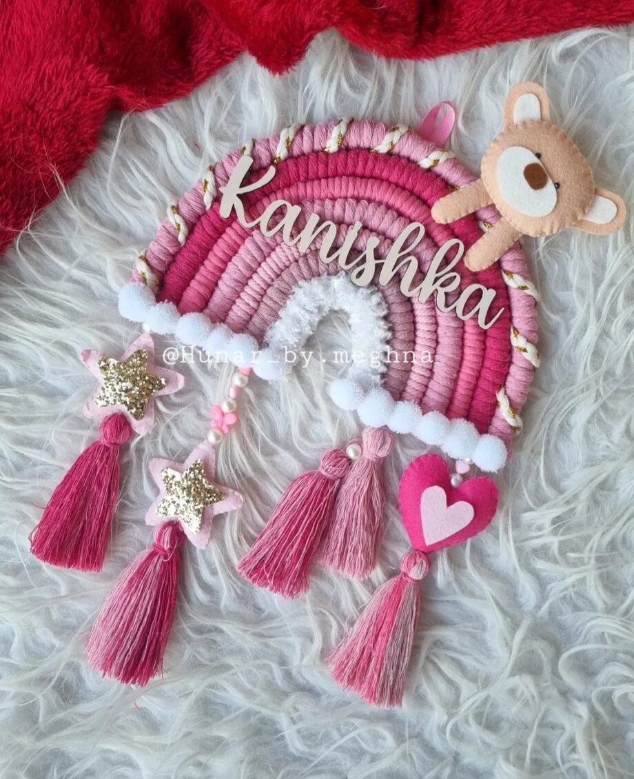 kids macrame rainbow name hanging in pink color