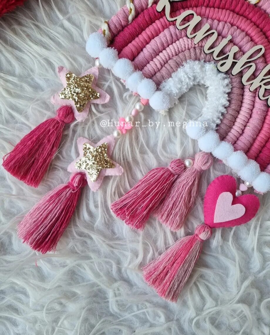 kids room hanging decor in macrame and felt name hanging