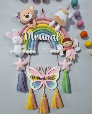 kids personalized handcrafted rainbow name hanging with felt animals and butterfly mdf with DOB