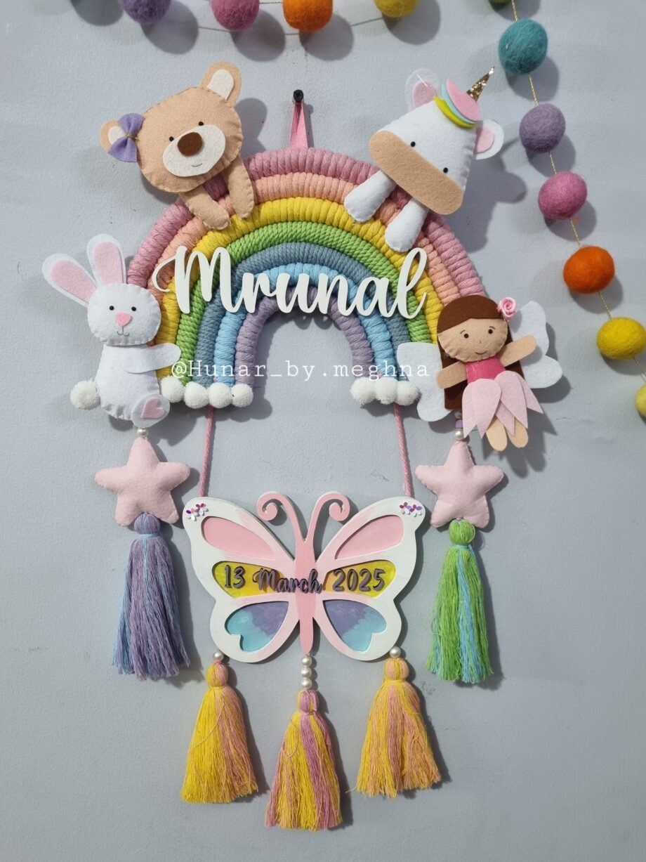 kids personalized handcrafted rainbow name hanging with felt animals and butterfly mdf with DOB