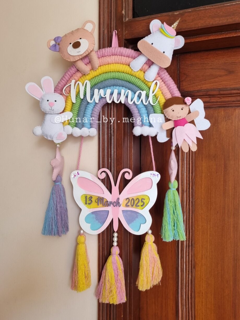 macrame rainbow felt animals unicorn name hanging with date of birth