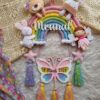 Macrame handmade rainbow with pretty unicorn and animals along with a pretty butterfly