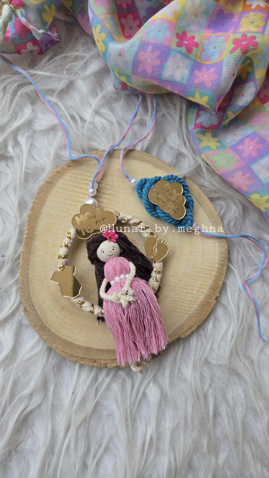 parents to be rakhi with bhabhi lumba in macrame handmade doll mom to be and dad to be rakhi