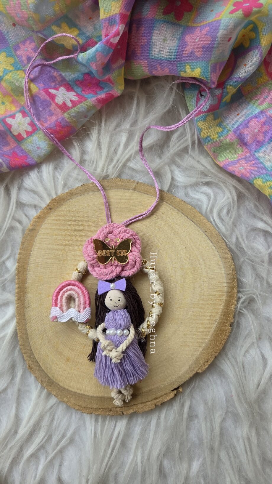 macrame handmade designer unique lumba rakhi with mini rainbow