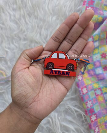 kids red car rakhi with name and reusable as fridge magnet