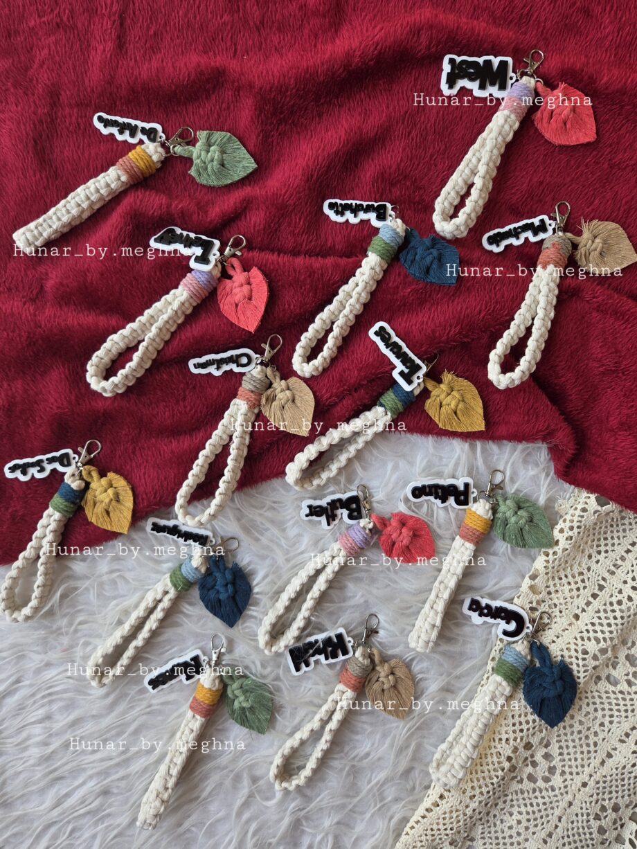 macrame handcrafted wristlet keychains charms with personalized name tags