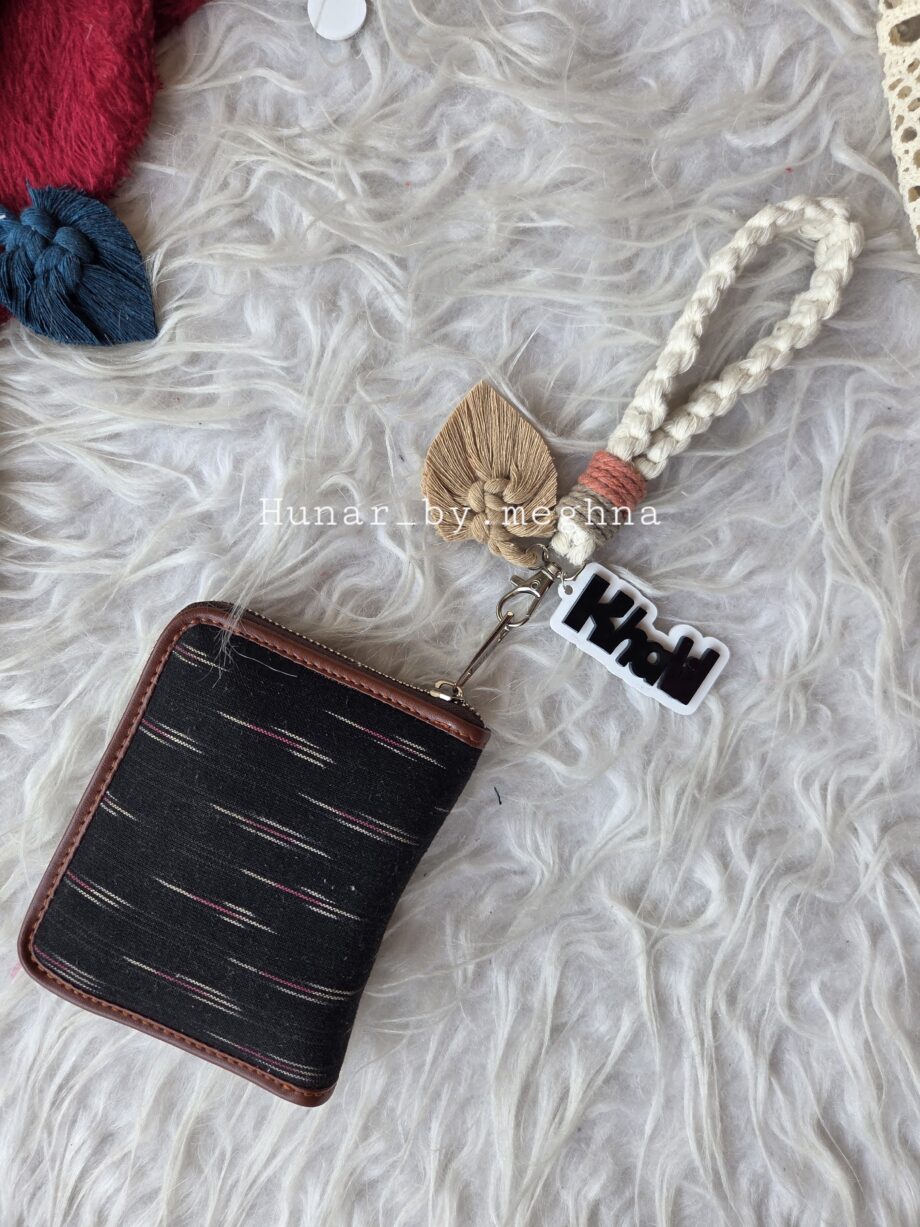 macrame wristlet bag charm keychain with cute macrame leaf charm and personalized acrylic name tags