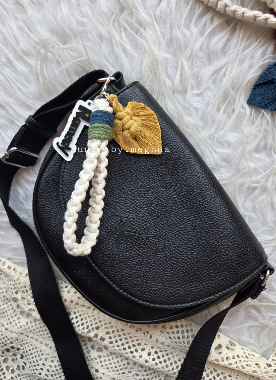 macrame wristlet with cute macrame leaf charm and personalized acrylic name tags bag charm luggage tag keychain