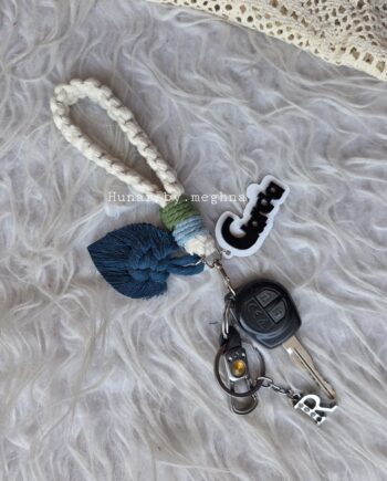 macrame wristlet bag charm and keychain with cute macrame leaf charm and personalized acrylic name tags