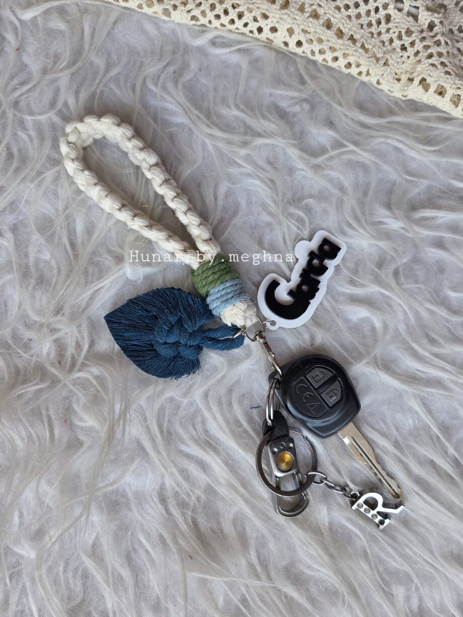 macrame wristlet bag charm and keychain with cute macrame leaf charm and personalized acrylic name tags