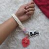 macrame wristlet with cute macrame leaf bag charm and keychain personalized acrylic name tags