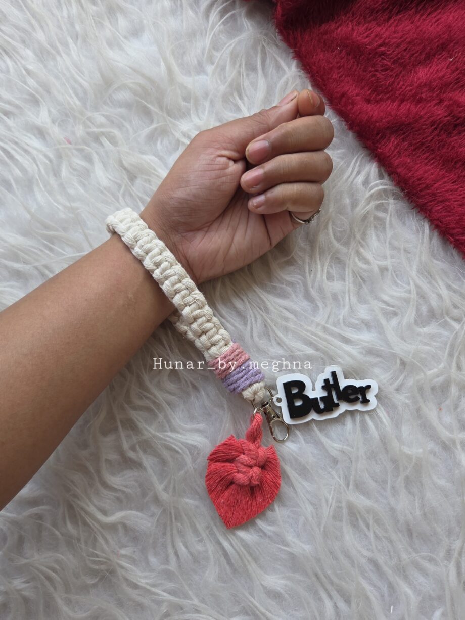 macrame wristlet with cute macrame leaf bag charm and keychain personalized acrylic name tags