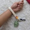 macrame wristlet with cute macrame leaf charm and personalized acrylic name tags