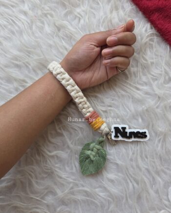 macrame wristlet with cute macrame leaf charm and personalized acrylic name tags