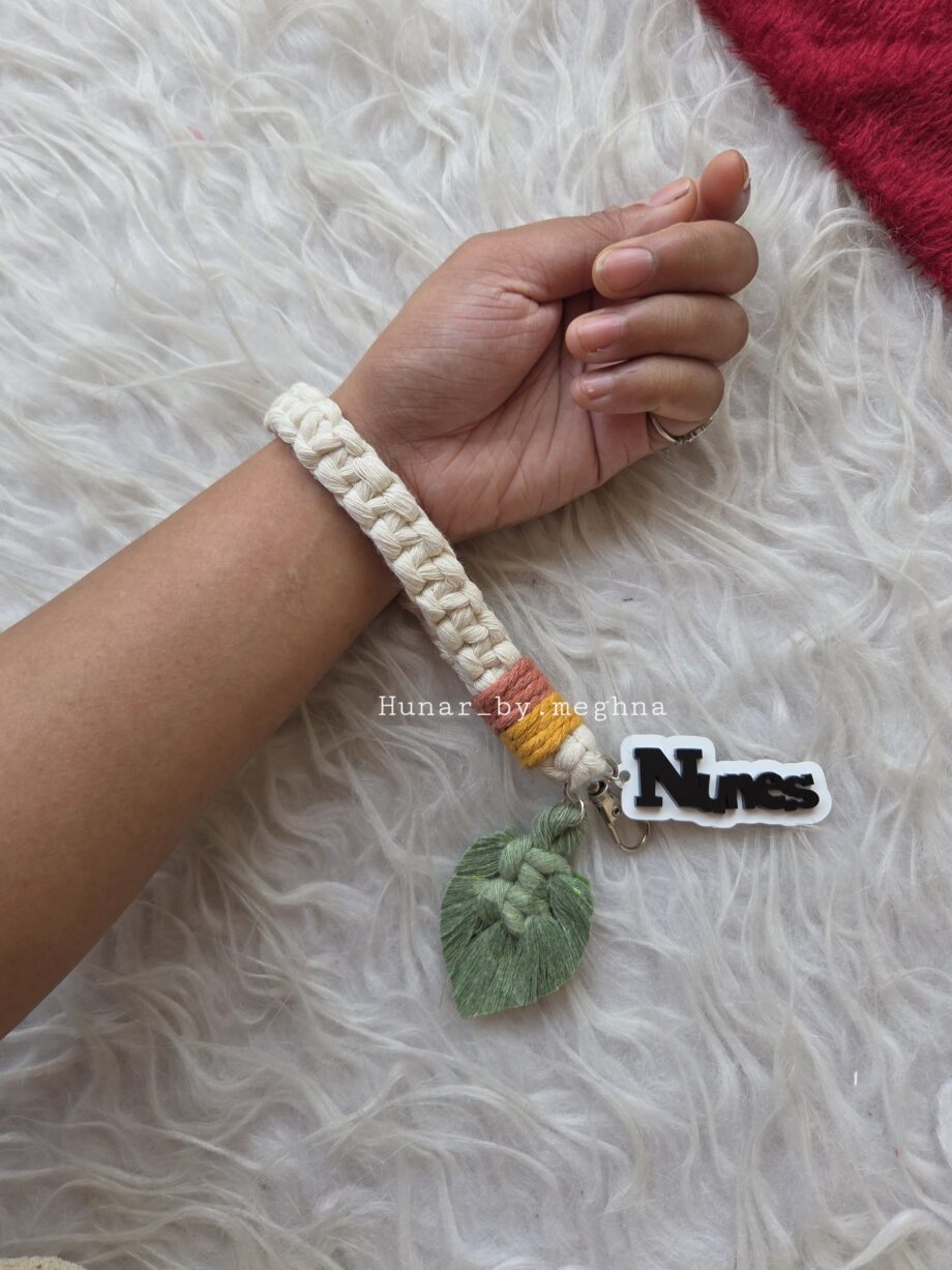 macrame wristlet with cute macrame leaf charm and personalized acrylic name tags