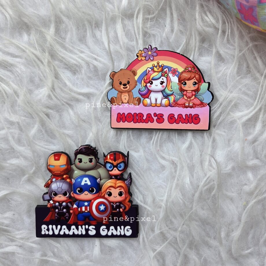 kids personalized name return gift fridge magnets in superhero avengers wonderland theme teddy unicorn rainbow