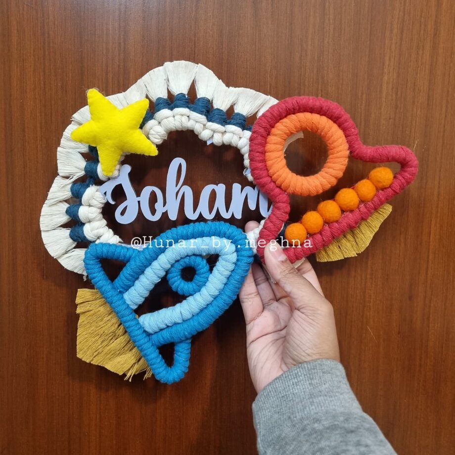 macrame cloud space theme name hanging with handcrafted rocket and spaceship