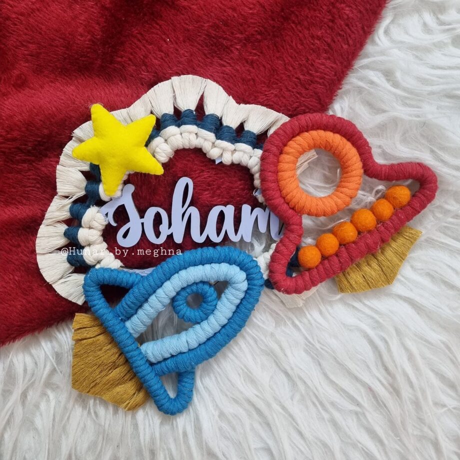Macrame handcrafted space theme name hanging for kids with rocket and spaceship