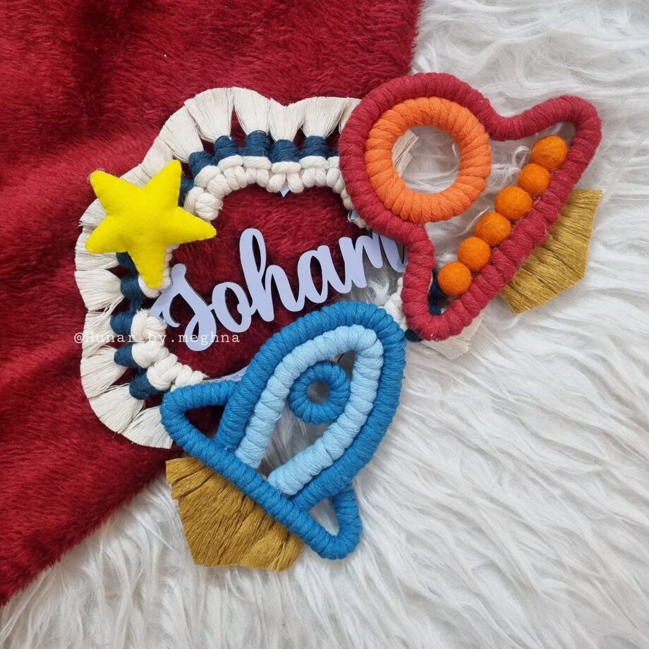 kids name hanging in space theme with handcrafted macrame rocket and spaceship