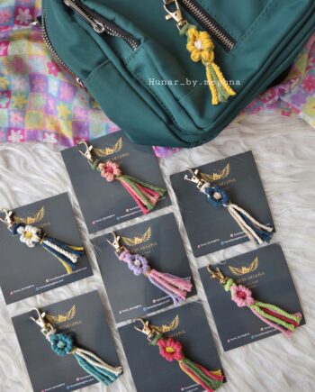 floral hand knotted macrame bag charms and keychains perfect for party favors, wedding favors, return gifts, baby shower favors