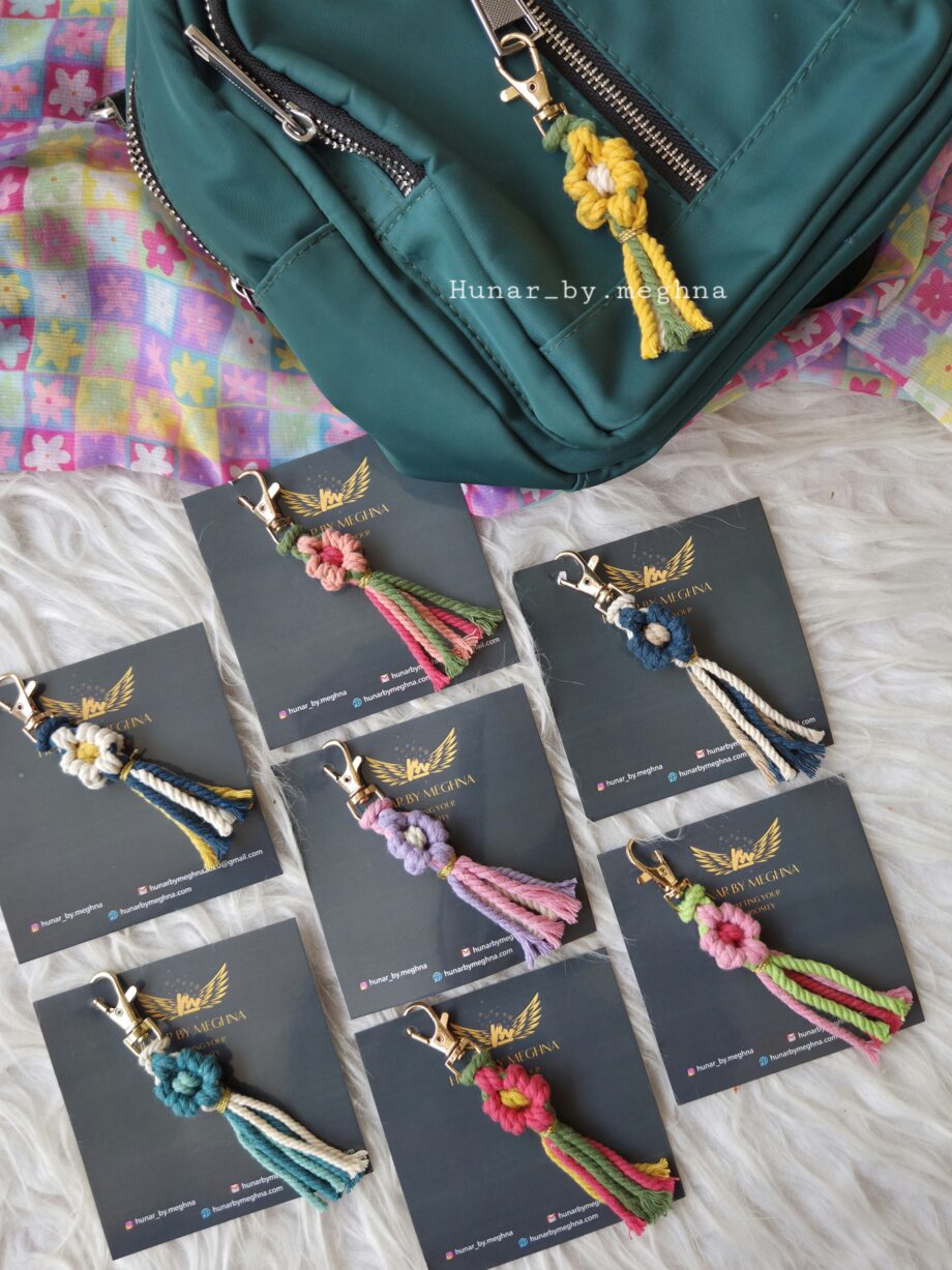 floral hand knotted macrame bag charms and keychains perfect for party favors, wedding favors, return gifts, baby shower favors