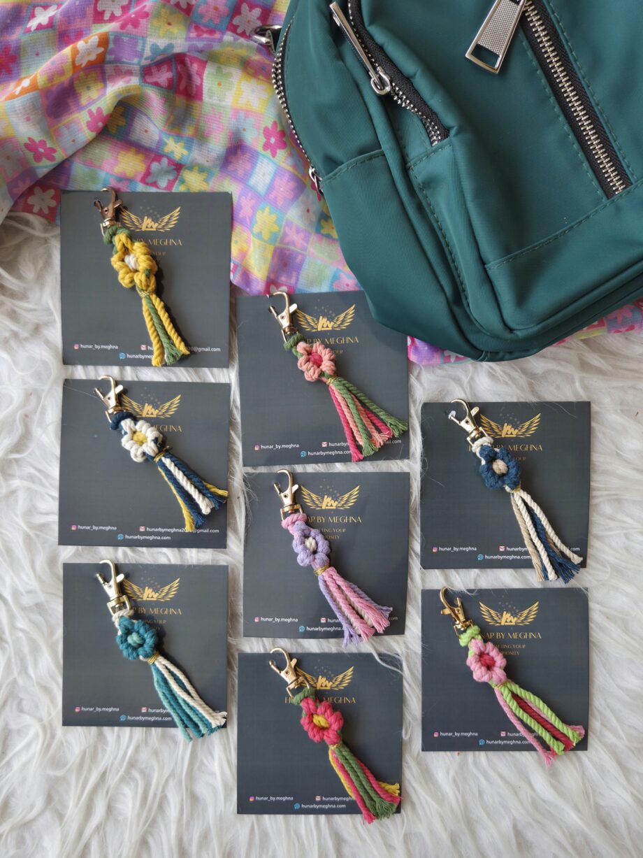 floral hand knotted macrame bag charms and keychains perfect for party favors, wedding favors, return gifts, baby shower favors