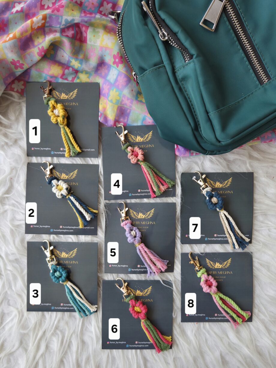floral hand knotted macrame bag charms and keychains perfect for party favors, wedding favors, return gifts, baby shower favors