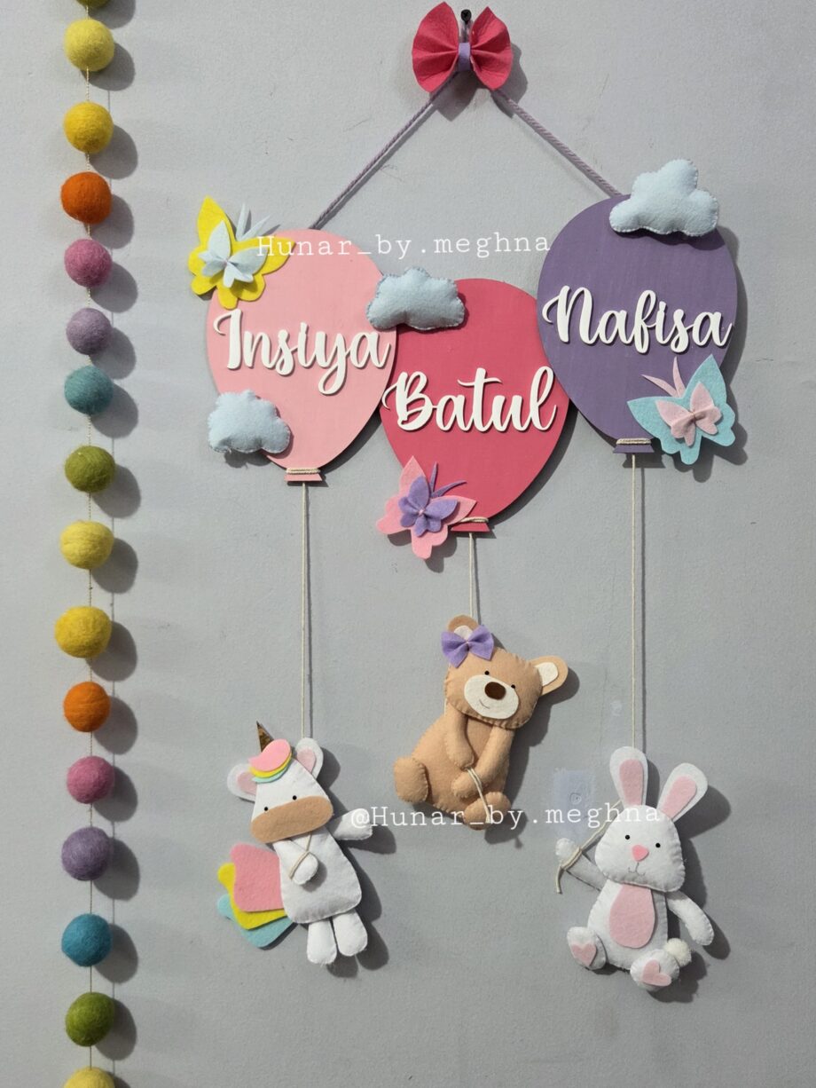 balloon buddies name hanging for siblings with unicorn teddy and bunny animals