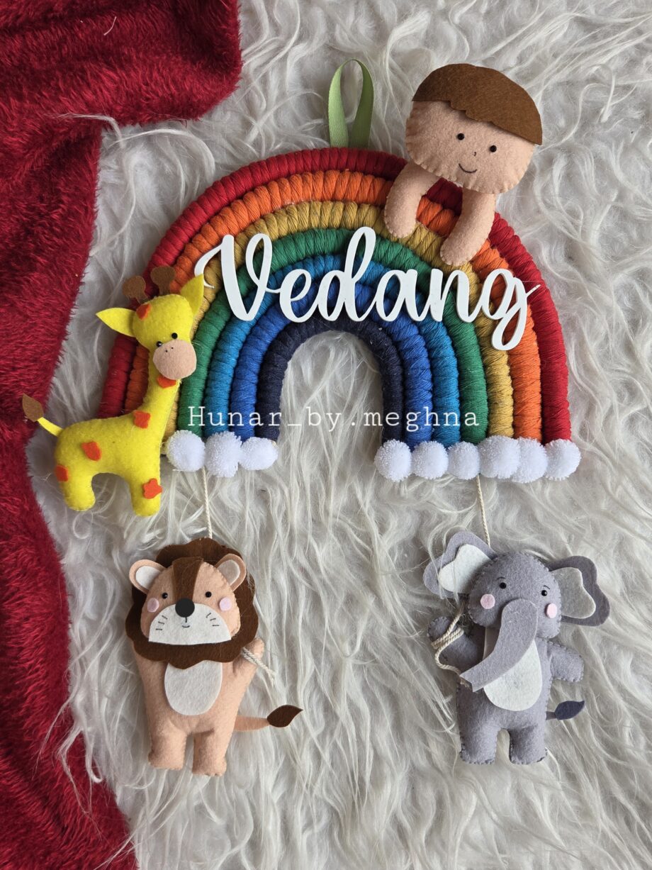 cute felt animals lion elephant name hanging with macrame rainbow