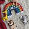 personalized kids nursery decor name hanging with macrame rainbow and cute felt handstitched animals