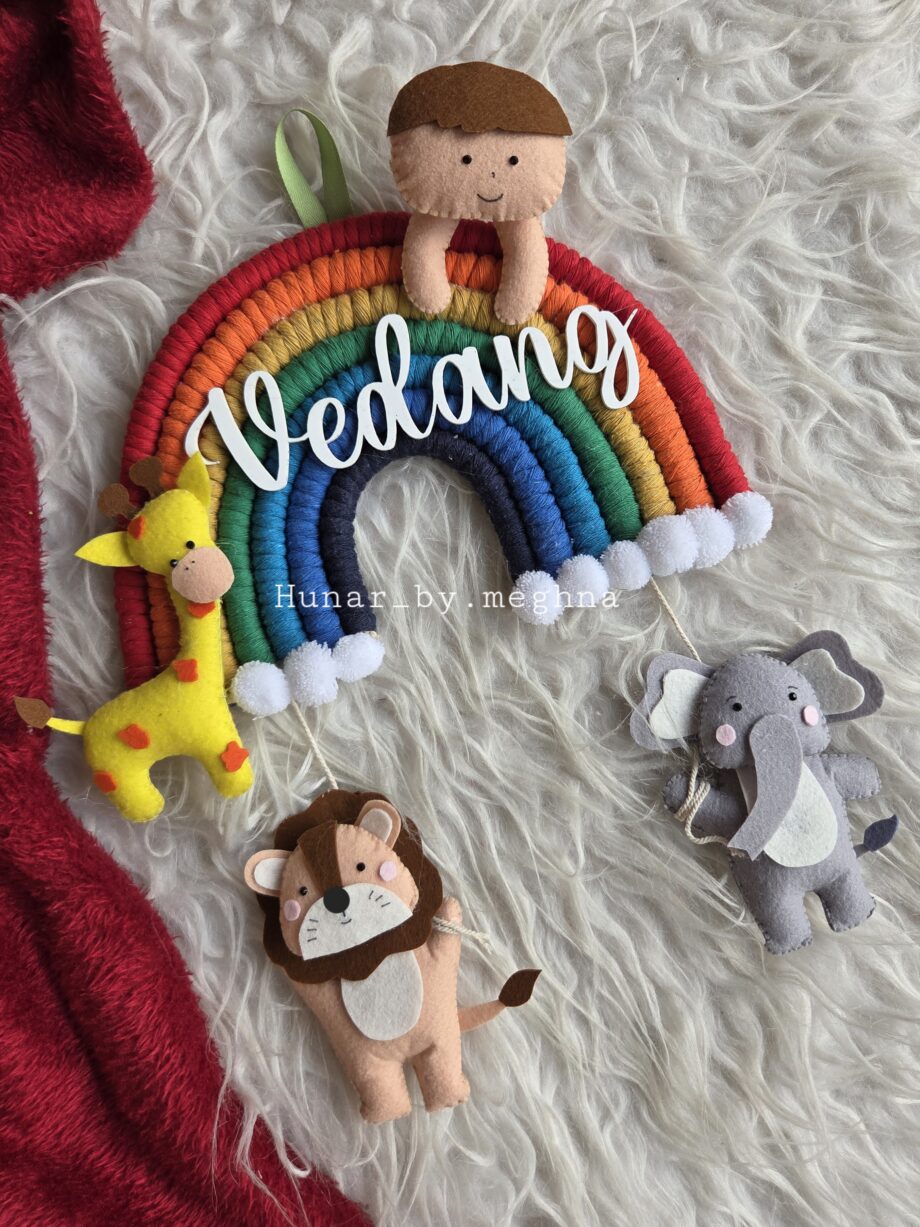 personalized kids nursery decor name hanging with macrame rainbow and cute felt handstitched animals