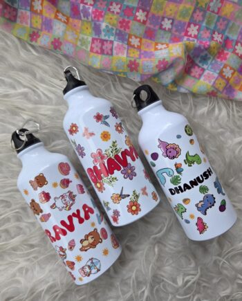 Personalized steel bottles for kids in unicorn theme, floral theme and dino theme perfect for personalized gifting