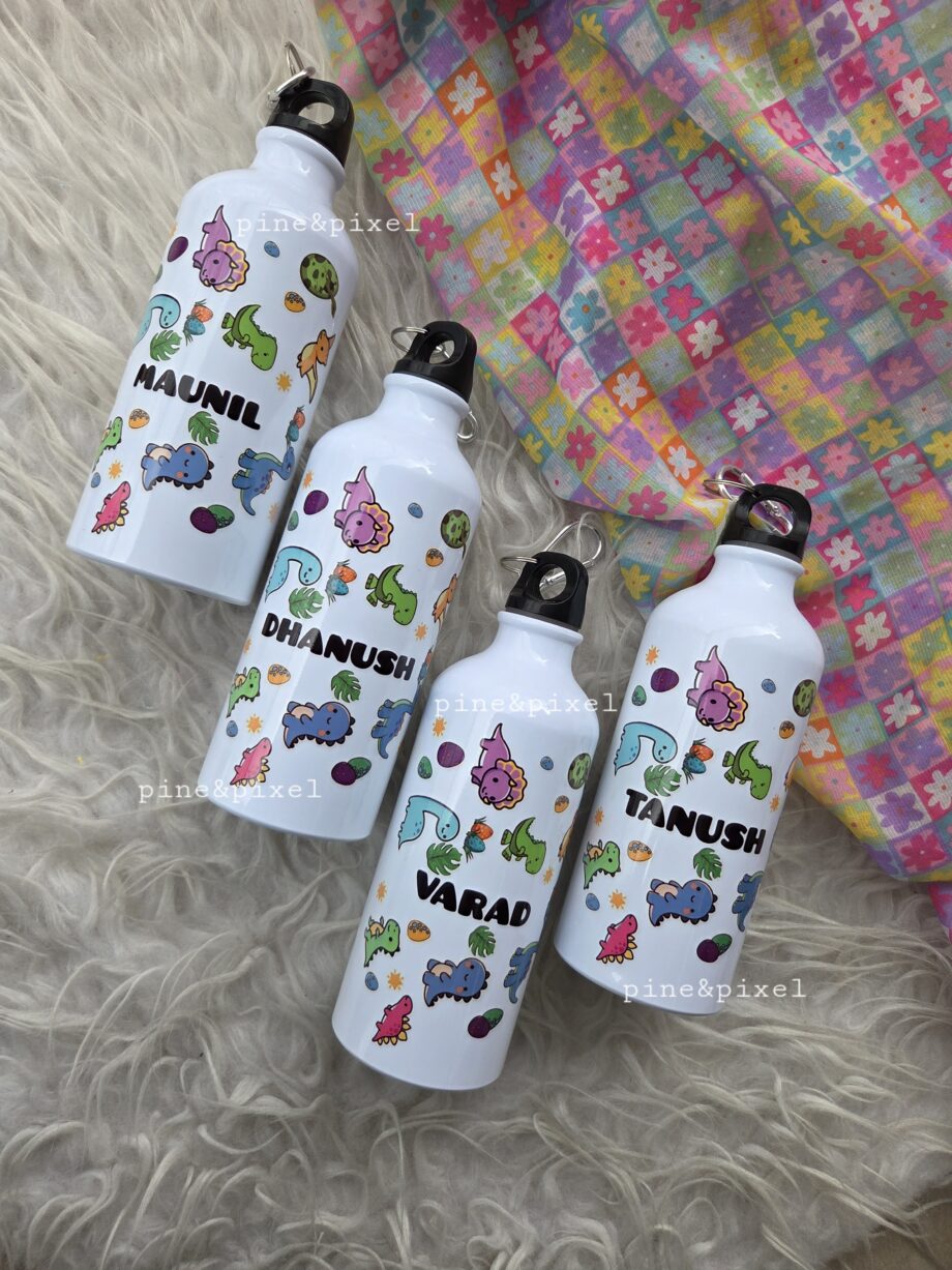 Personalized steel bottles for kids in unicorn theme, floral theme and dino theme perfect for personalized gifting
