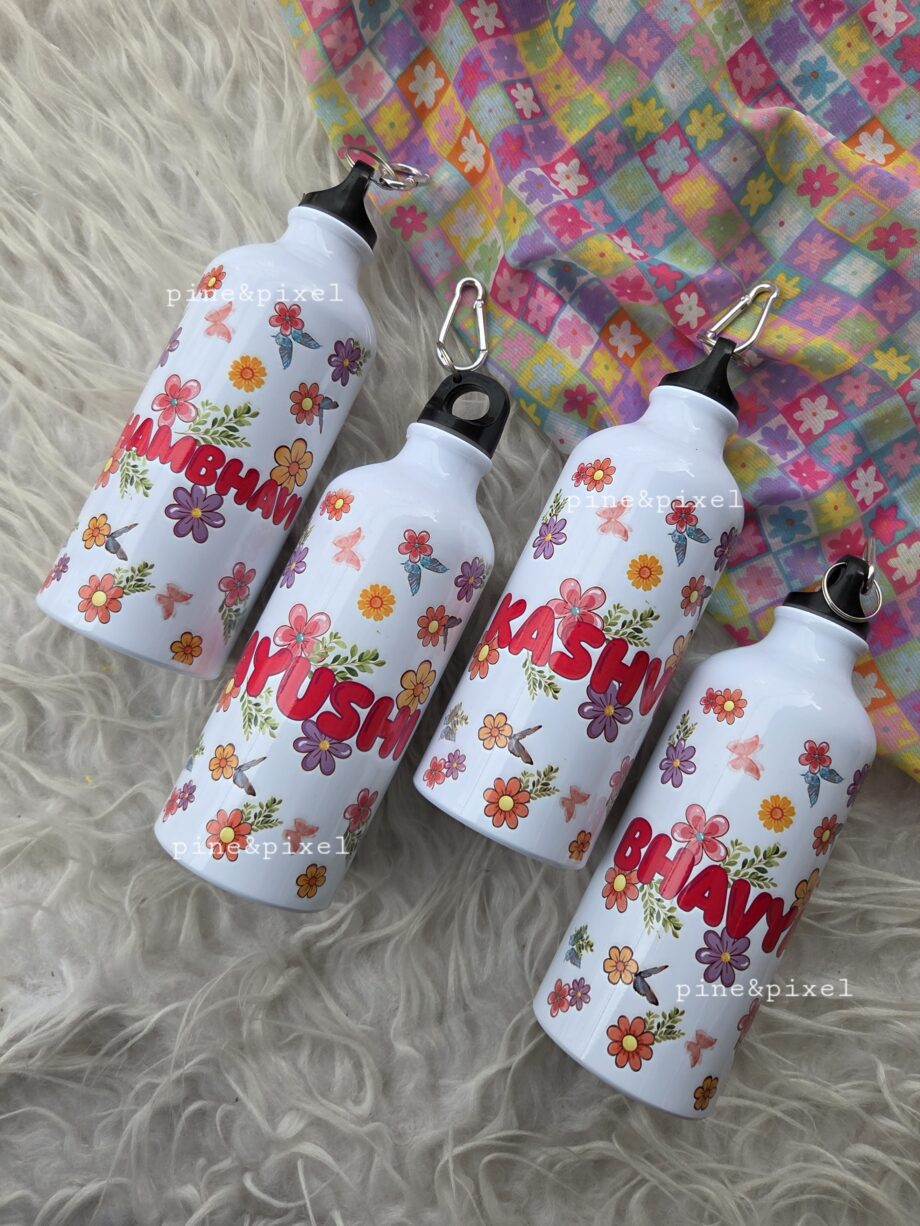 Personalized steel bottles for kids in unicorn theme, floral theme and dino theme perfect for personalized gifting