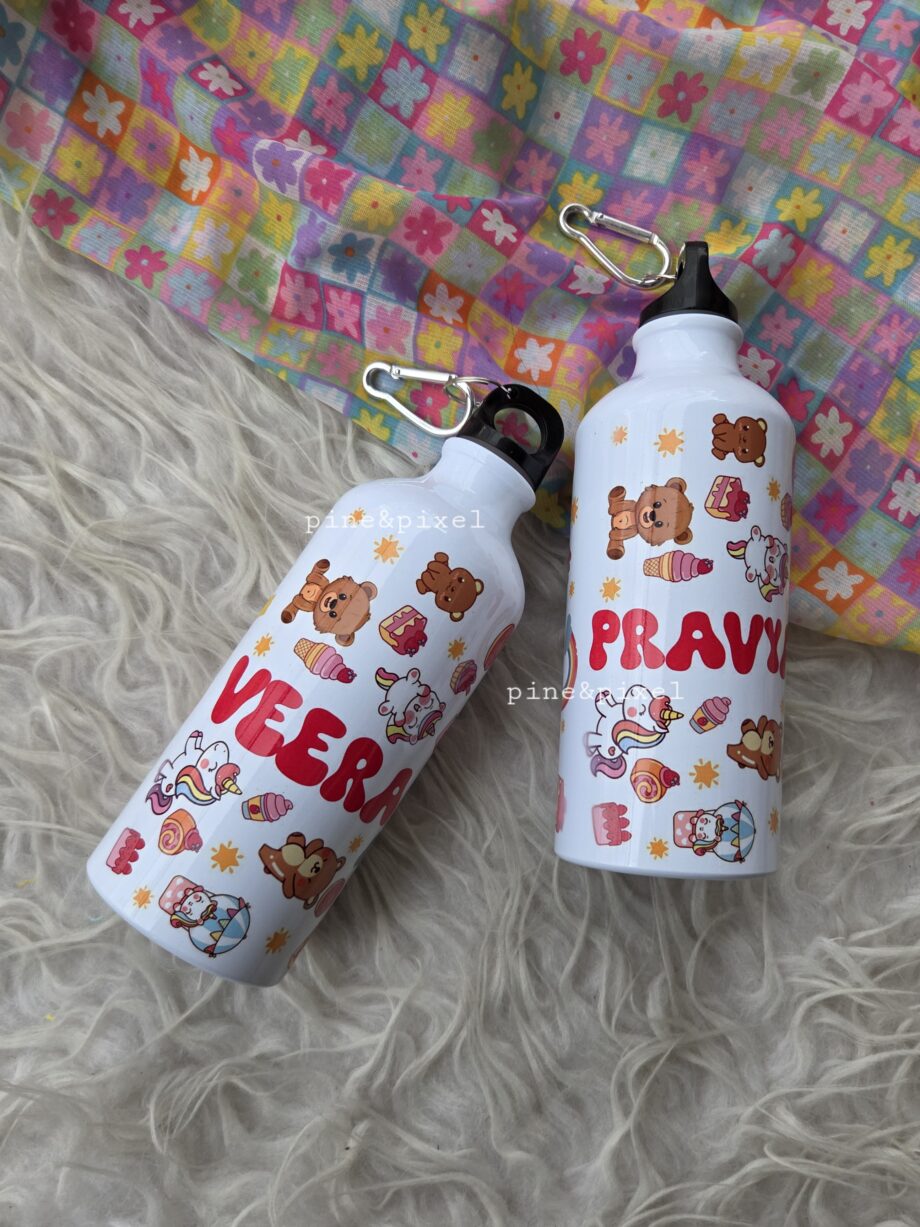 Personalized steel bottles for kids in unicorn theme, floral theme and dino theme perfect for personalized gifting