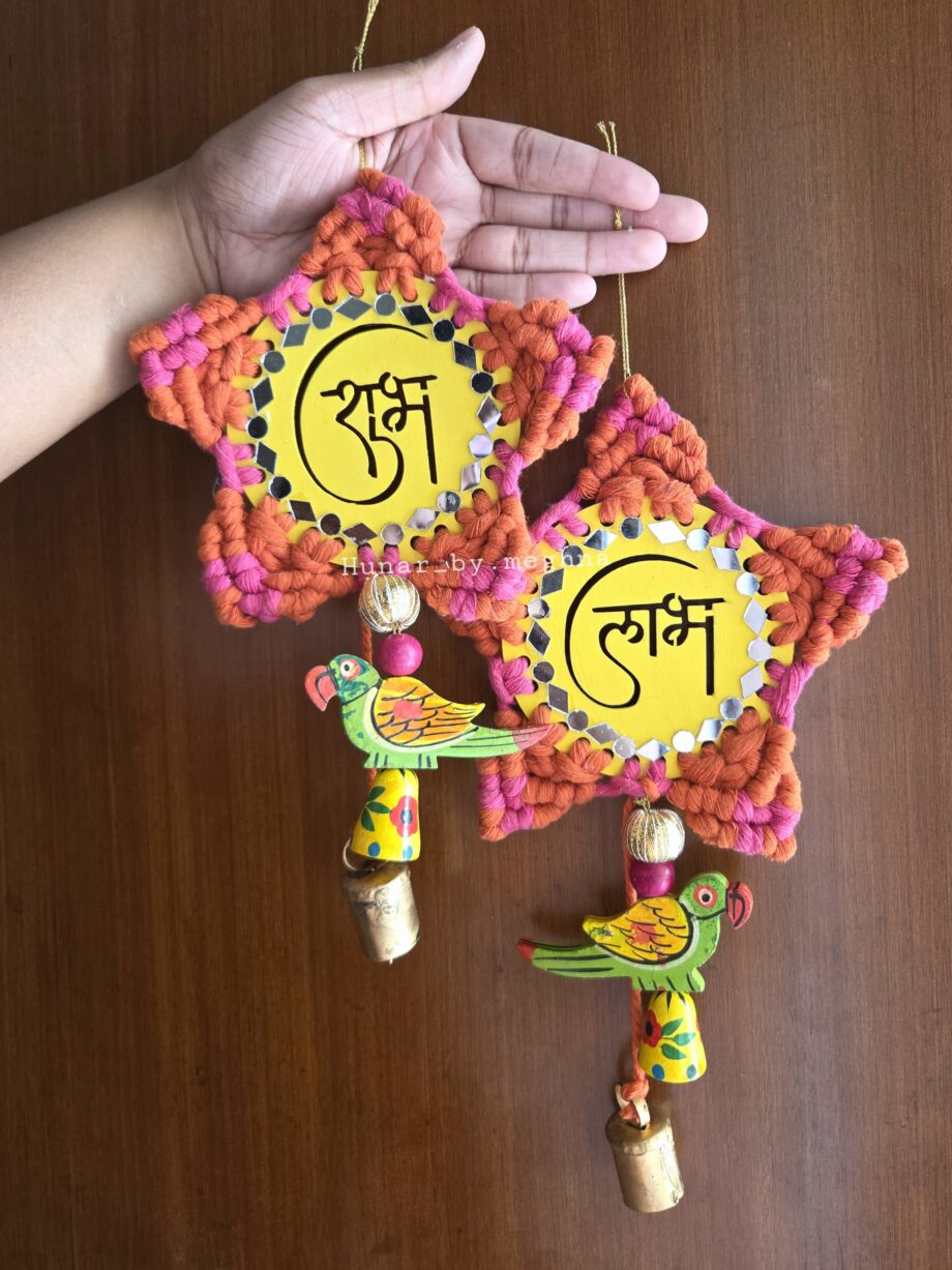macrame hand knotted shubh laabh hangings decor magenta and orange