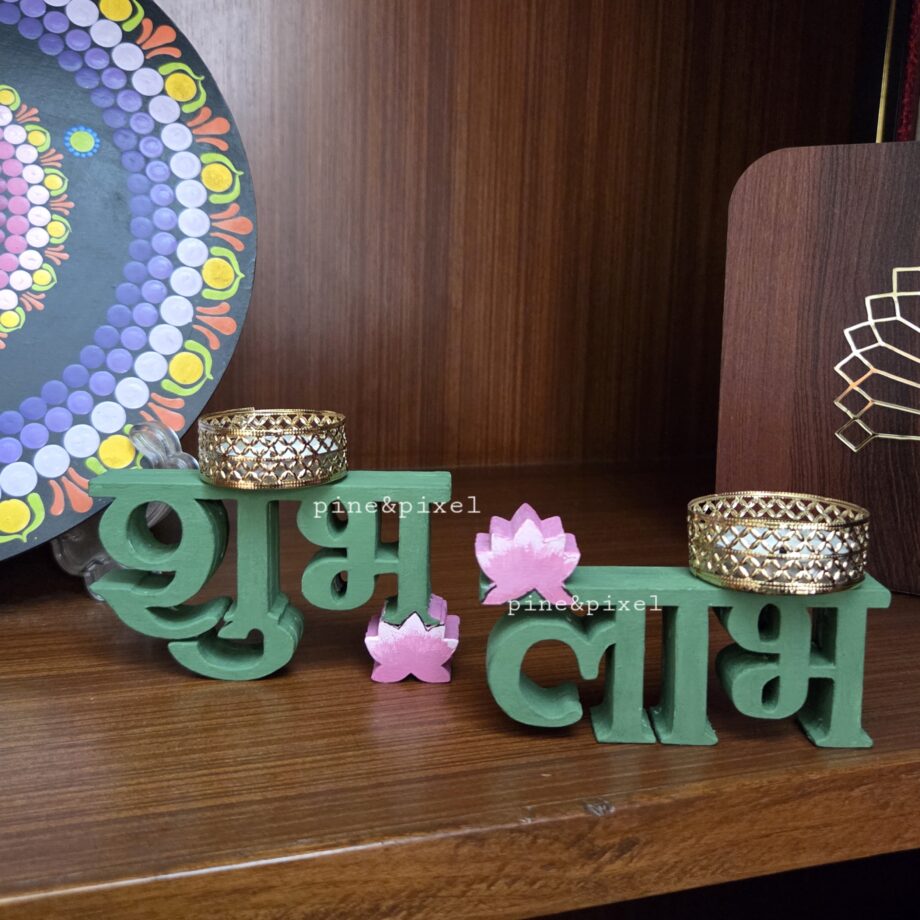 laser cute shubh laabh candle holder table top decor for diwali and festive giftings and festive decor handcrafted corporate gifting lotus