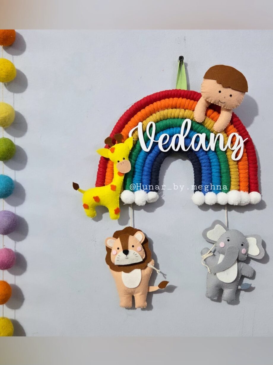 handcrafted macrame rainbow felt animals name hanging