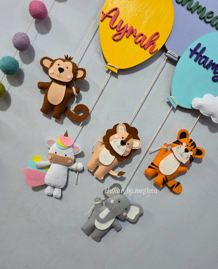 felt animals jungle buddy name hangings for siblings room decor lion rainbow unicorn tiger monkey elephant kids room decor