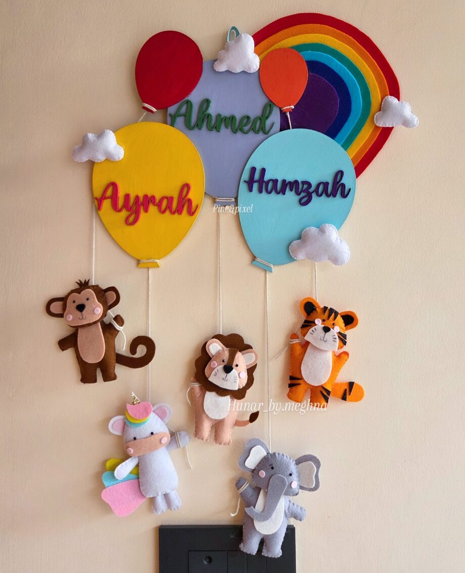felt animals jungle buddy name hangings for siblings room decor lion rainbow unicorn tiger monkey elephant kids room decor