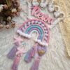 macrame rainbow with crown wooden name hanging for kids room decor name plate personalzied gift in unicorn colors